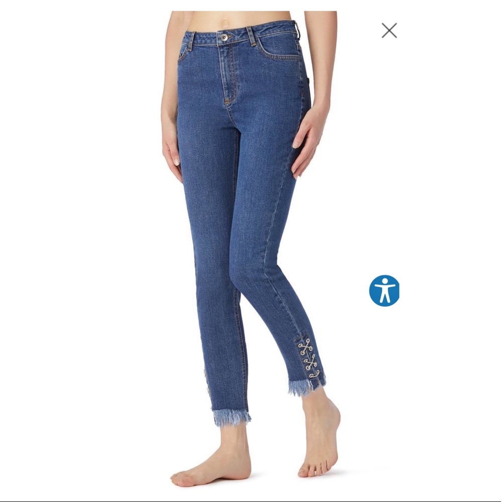 Frayed Straight Fit Jeans w/ Rhinestones detail